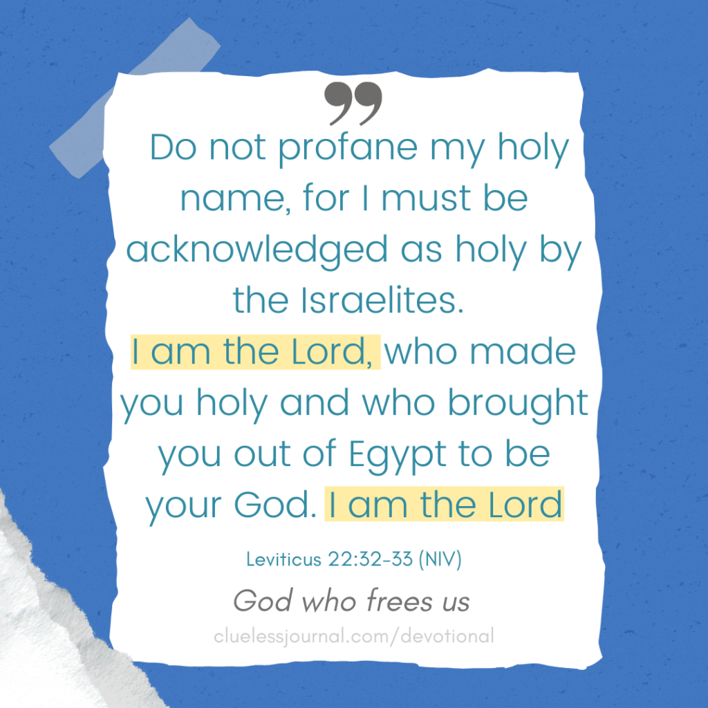 Daily Bible Devotional Leviticus 22:33  I am the Lord, who made your holy and who brought you out of Egypt to be your God. I am the Lord>> God who frees us CluelessJournal.com bible devotional 