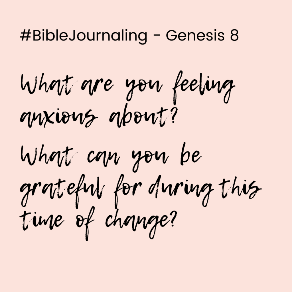 Genesis 8 bible journaling prompt
What are you feeling anxious about? What can you be grateful for during this time of change?