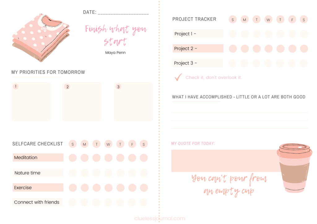 Day Planner with weekly selfcare and project tracker, inspired by Maya Penn of Maya's Ideas