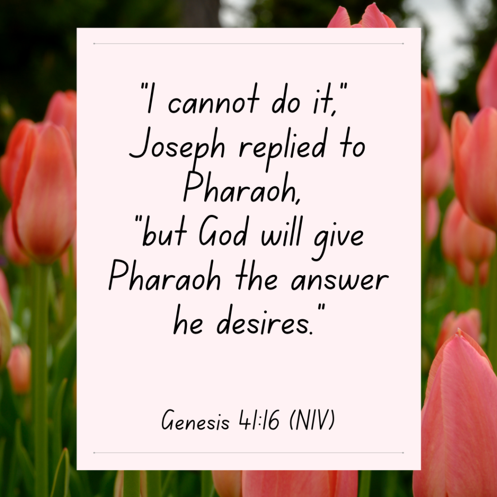 Genesis 41:16 Bible Devotional 
“I cannot do it,” Joseph replied to Pharaoh, “but God will give Pharaoh the answer he desires.”