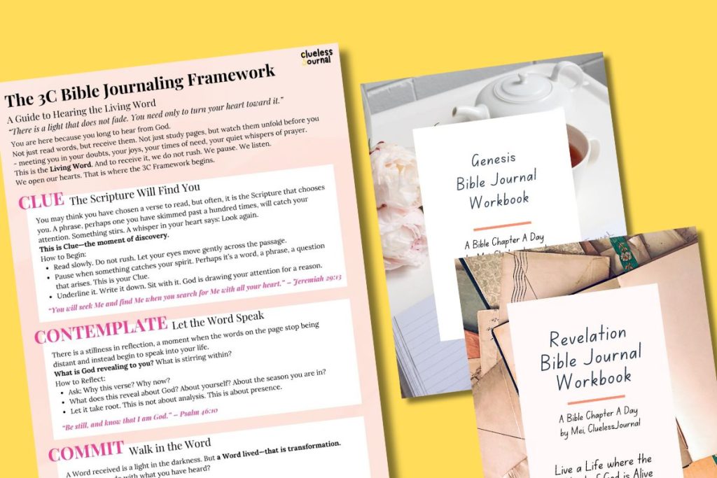 Covers of the 3C Bible Journaling Guide, Genesis Workbook, and Revelation Workbook — representing 1,189 days of journaling across all 66 books of the Bible.